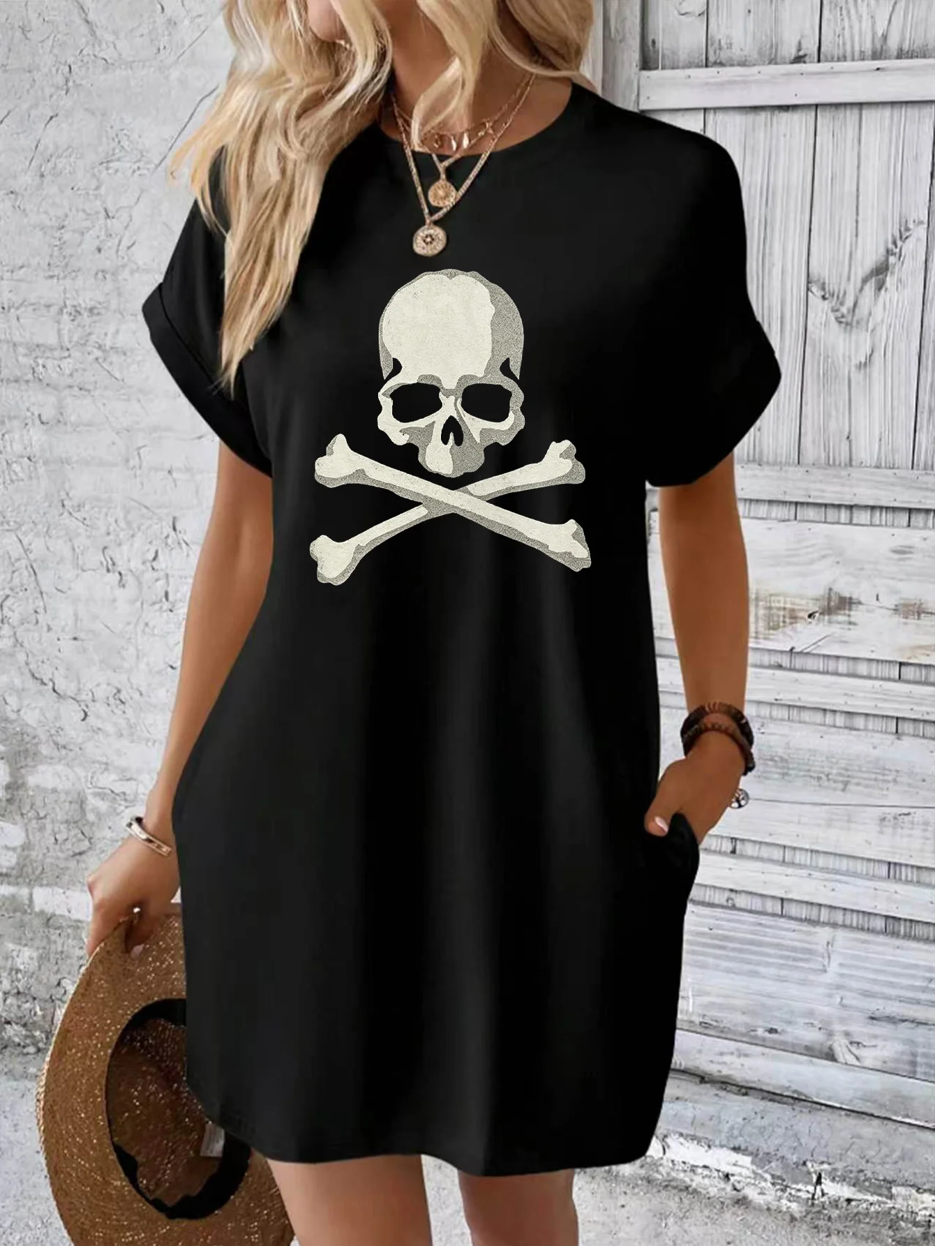 Women Skull Crossbones Pirate Graphic T Shirt Dress With Pockets Short Sleeve Loose Gothic Halloween Mini Dress