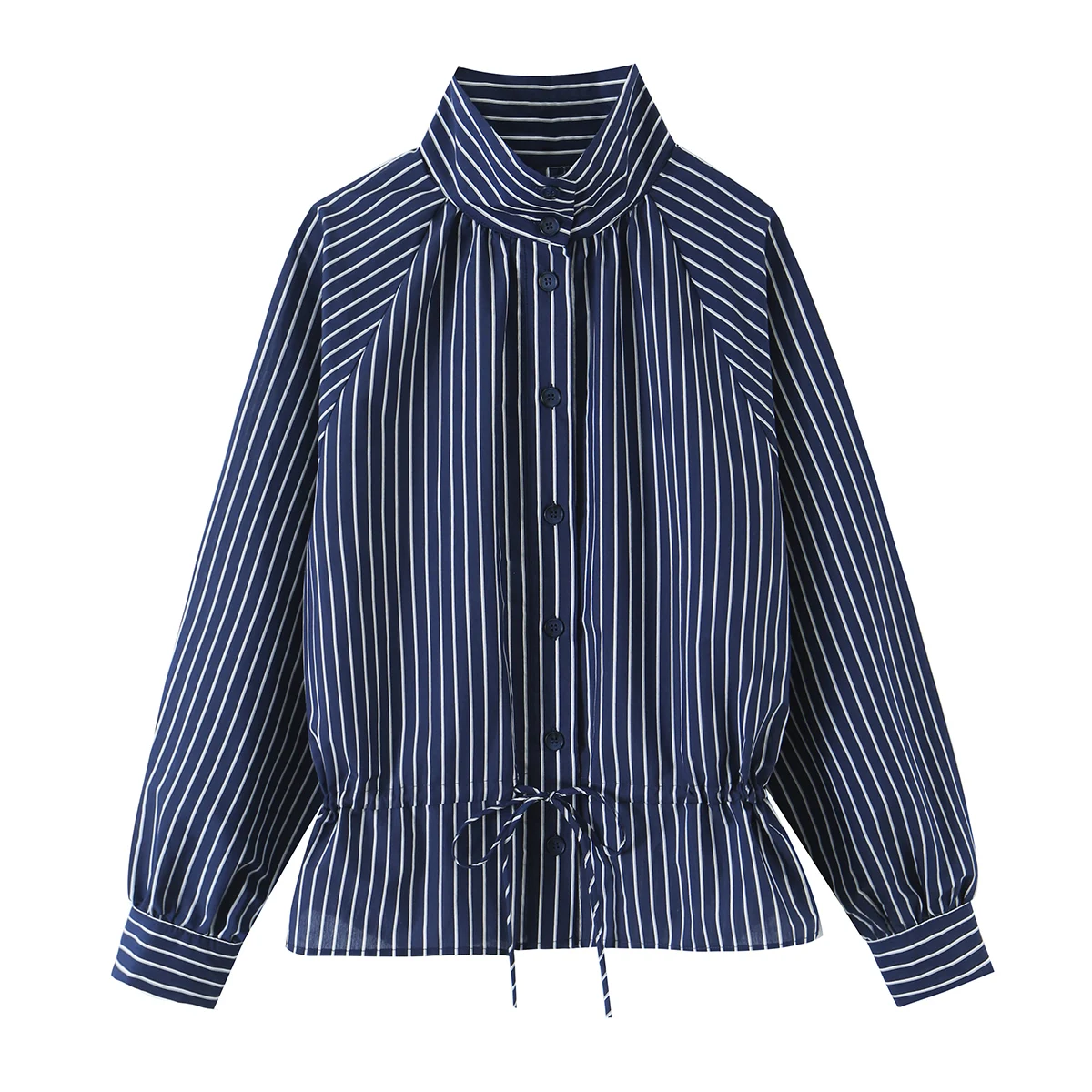 Women's Striped Shirt 2026 Autumn New Fashion Stand Collar Long Sleeve Button Gathered Cuff Casual Blouse