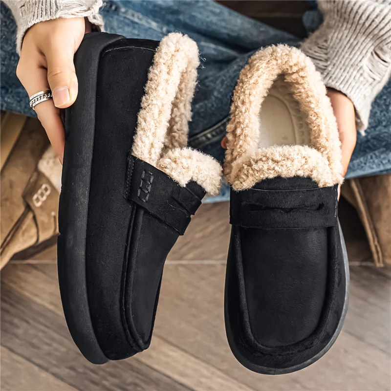 

Уличные мужские лоферы на меху, зимняя плюшевая теплая повседневная обувь, удобная обувь для вождения, низкие зимние ботинки без шнуровки, мокасины на плоской подошве