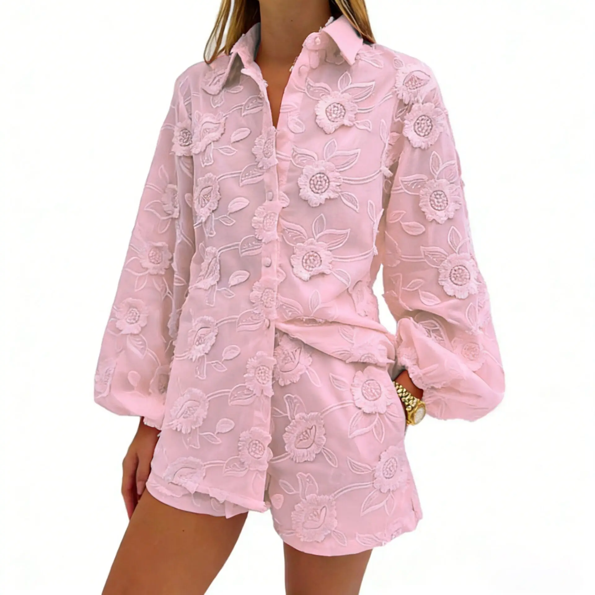 Floral Embroidery Sheer Mesh Two Piece Set Puff Sleeve Button Shirt High Waist Shorts Vacation Beach Outfit Loungewear Clothes