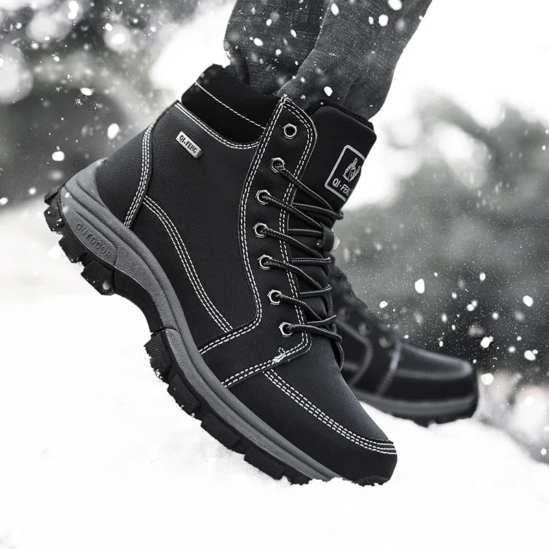 Winter Hiking Boots Men Snow Warm Fur Outdoor Sneakers Trekking Black Waterproof Leather Large Size Ankle Shoes Winter Hunting