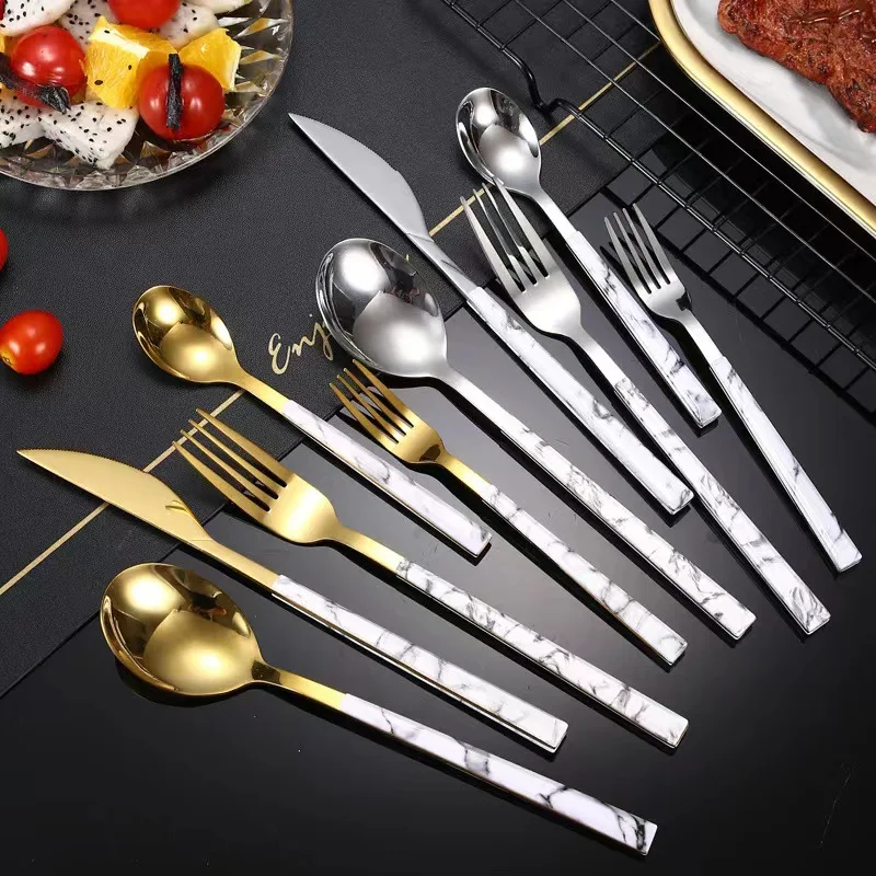 Marble Handle Cutlery Set Tableware Creative Stainless Steel Spoon Fork Knife Dinnerware Set Western Utensils for Kitchen