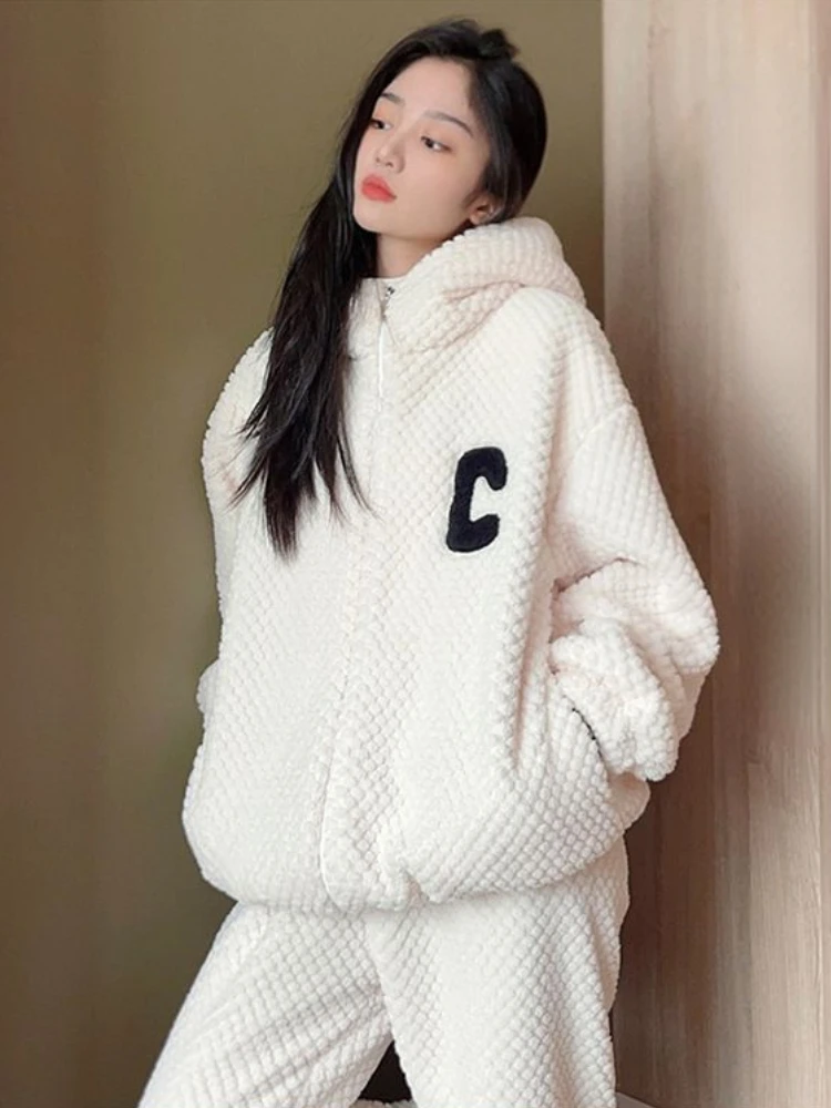 Flannel Hooded Pajama Sets Women Home Thicken Warm Letter Casual Winter Sleepwear Baggy Korean Fashion Comfortable All-match New