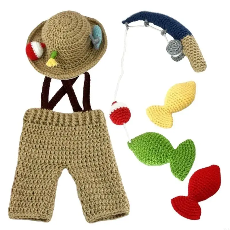 

1 Set Newborns Knitted Fishing Apparel Strap Pants with Bucket Hat Accessories 4XBC