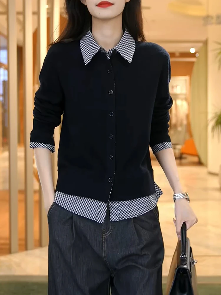 

Элегантный вязаный топ в клетку с элементами пэчворка, большие размеры, повседневный, универсальный, осень 2025, новинка, женская повседневная базовая одежда