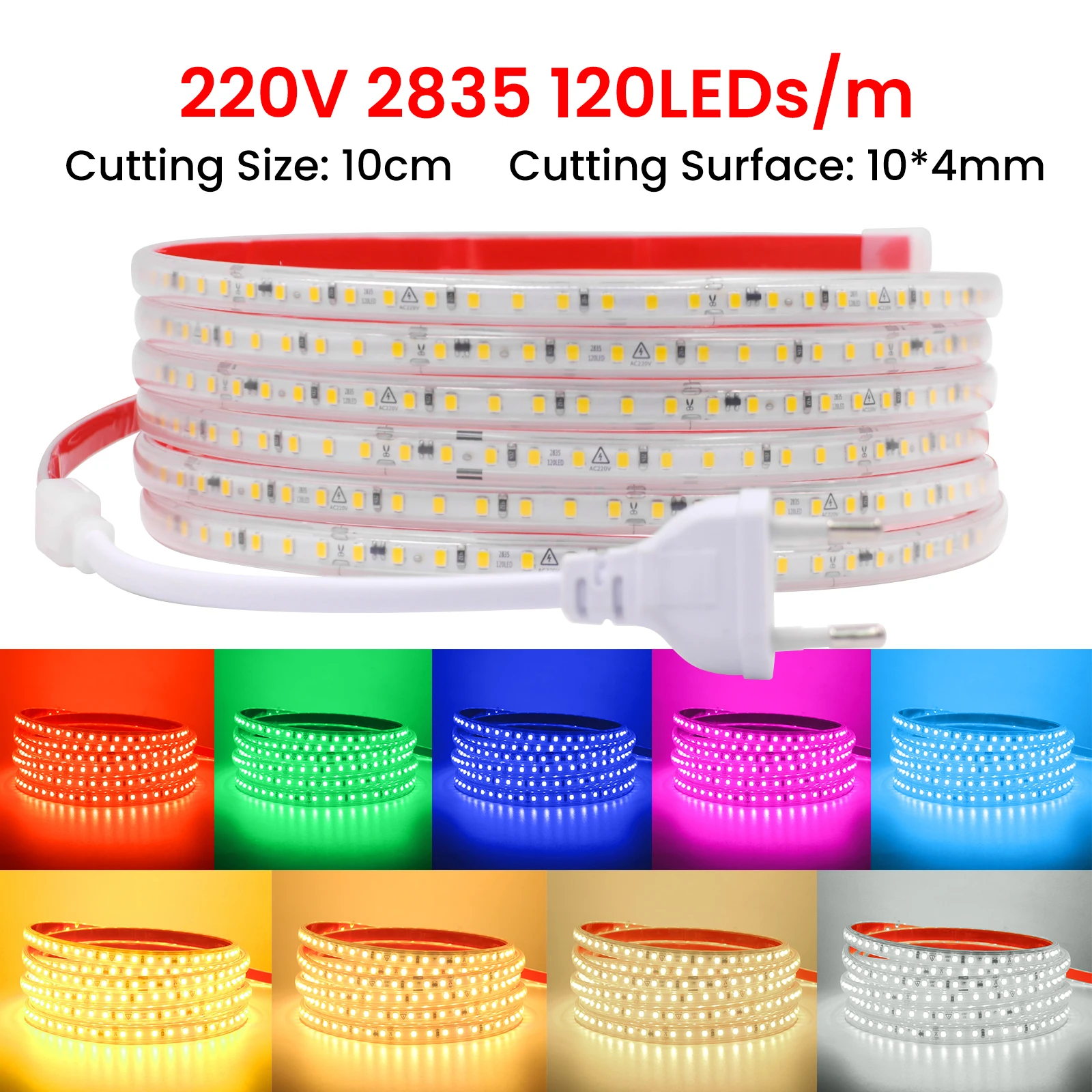 

220V LED Strip Lights EU Plug 2835 120LEDs/m Waterproof And Cuttable Home Lamp Strip 3000K 4000K 6000K Red Ice Blue Green Yellow