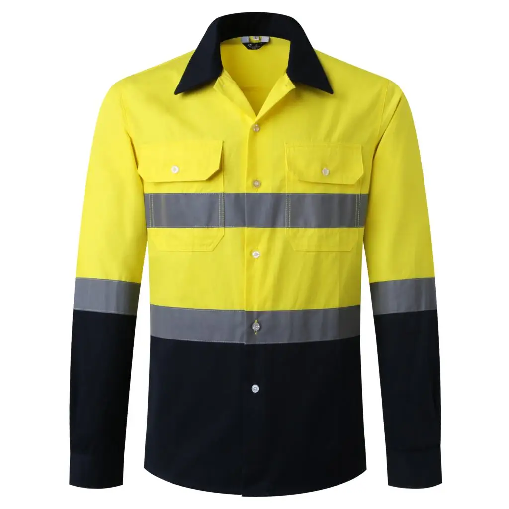 Logo Custom Reflective Shirt Long Sleeve Safety Shirts Work Shirt Men 100% Cotton Hi Vis Work Shirt