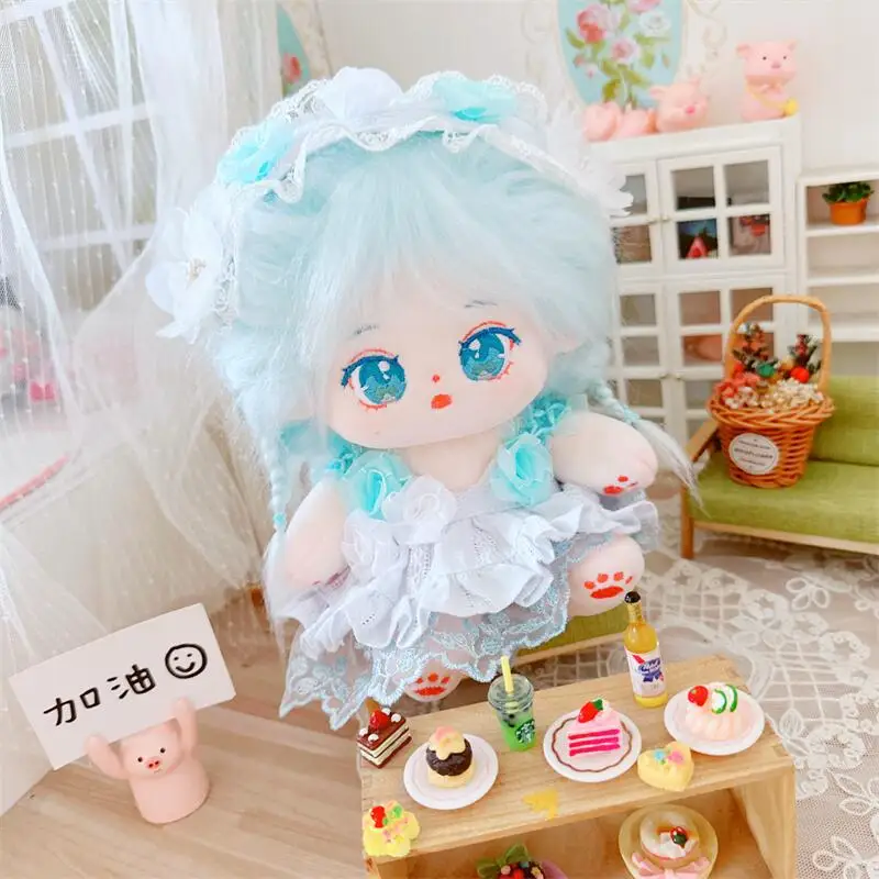 20cm Kawaii Blue Hair Girls Plush Doll Cute Blue Flower Dress Suit 2Pcs DIY Clothes Accessory Anime Stuffed Cotton Dolls Toys