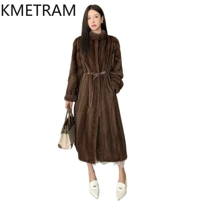 

KMETRAM Natural Whole Mink Fur Coat with Belt Woman High Quality Long Mink Fur Jacket Women Clothing Winter Jackets 2026 шуба