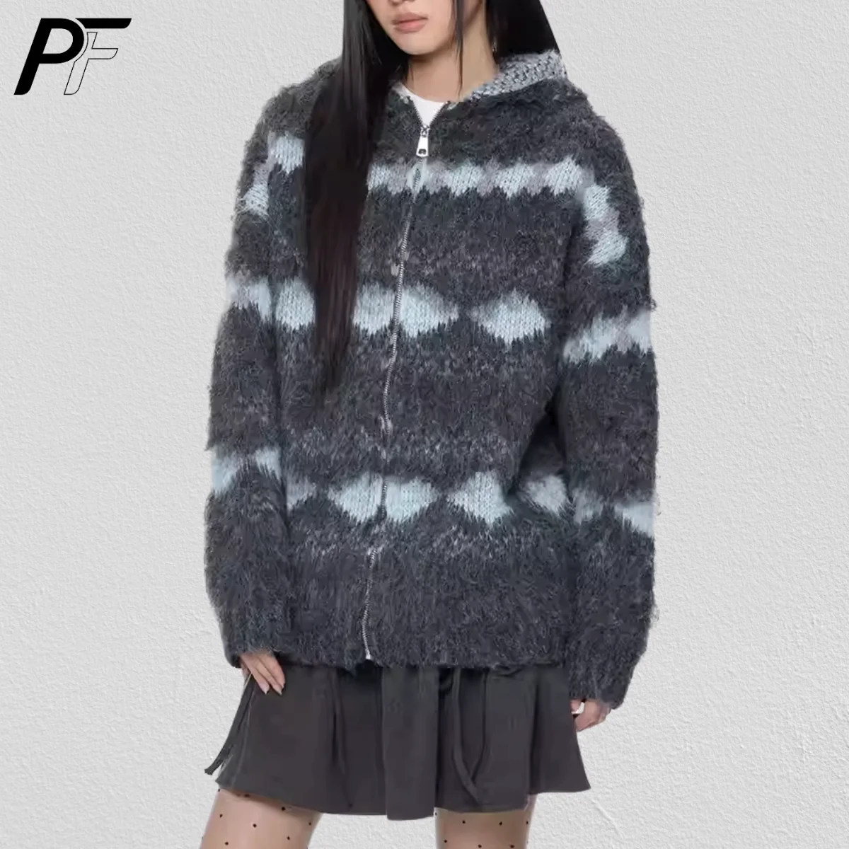 

Vintage Fuzzy Hooded Zip Up Cardigan Fair Isle Pattern Soft Mink Feel Long Sleeve Trendy Casual Wool Knitwear For Fall Winter