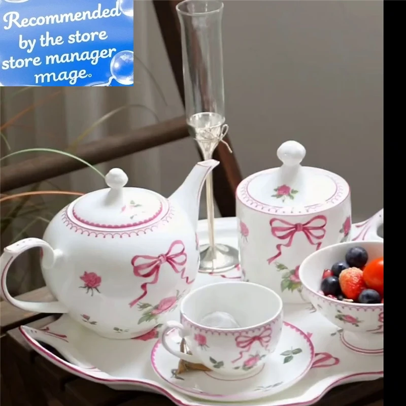 

Ceramic Tableware Set Retro Rose Bone China Coffee Cup Saucer Dessert Plate Bowl Teapot Pink Bow Elegant Afternoon Tea Set