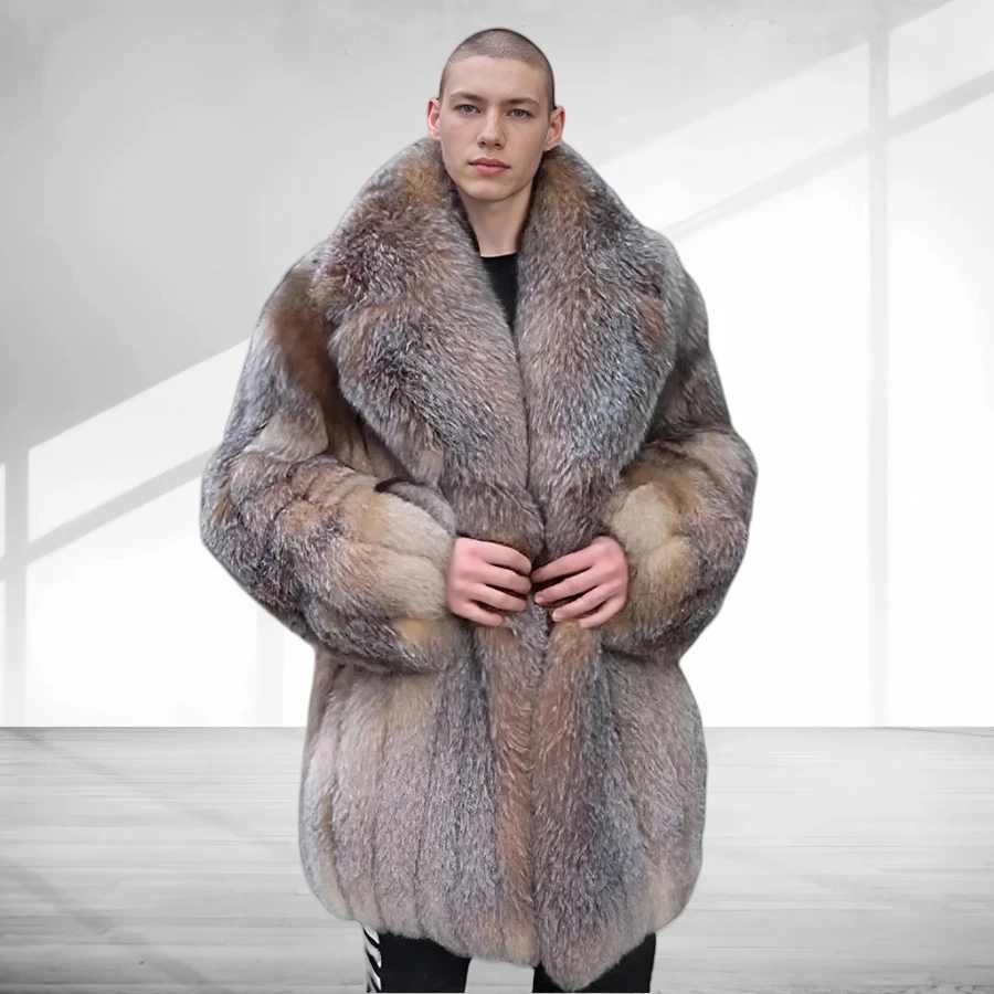 

Real Fox Fur Coat Mens Natural Fur Coat Long Winter Warm Jackets Suit Collar Crystal Fox High Quality