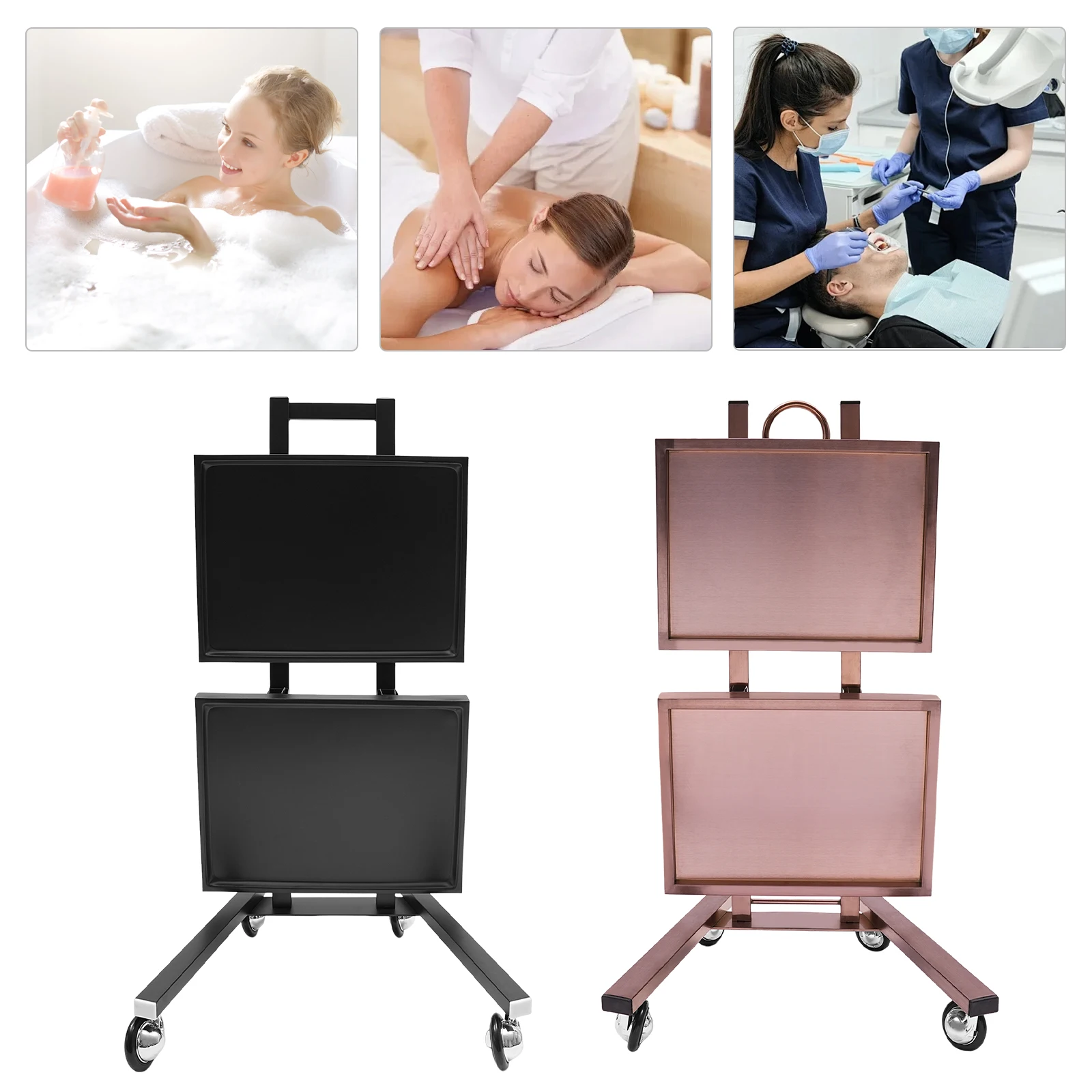 

2-tier Stainless Steel Salon Trolley,Black/Rose-gold Salon Rolling Cart with Trays and Wheels Free Standing for Barber Shops