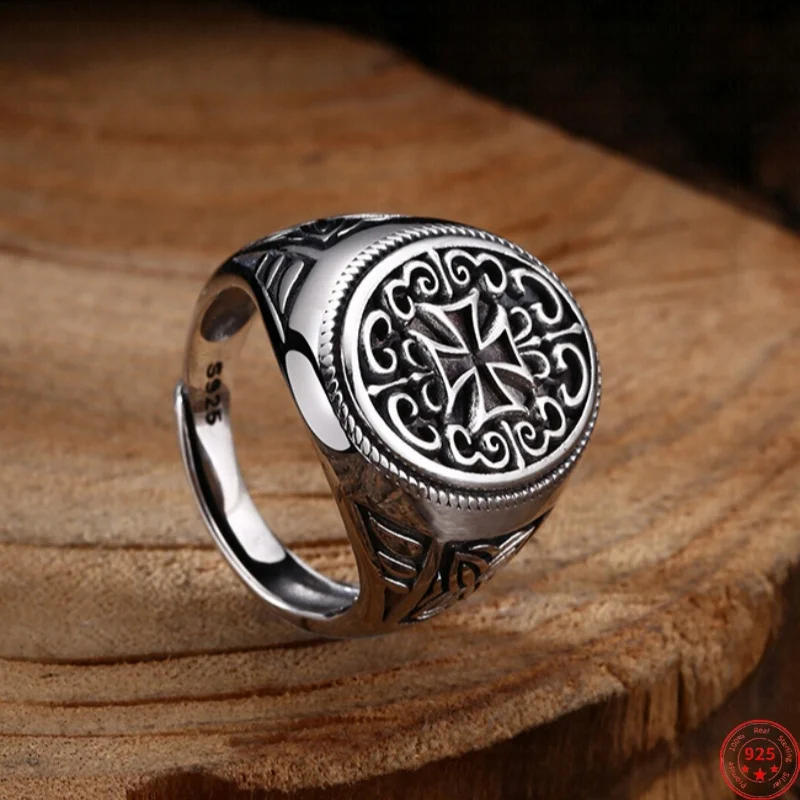 S925 Sterling Silver Charms Rings for Men Women Emboss Eternal Rattan Cross Pattern New Fashion Punk Jewelry Wholesale