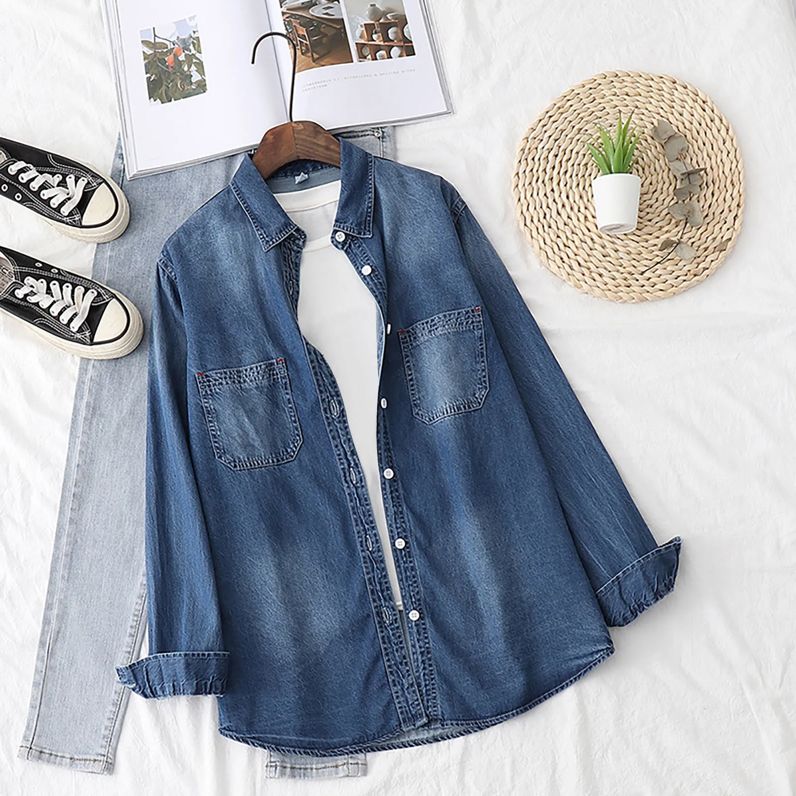 Retro Blauw Vrouwen Denim Shirt Nieuwe Koreaanse Mode Effen Single Breasted Shirt Top Lange Mouw Vrouwen Shirt Blouse Dames Kleding