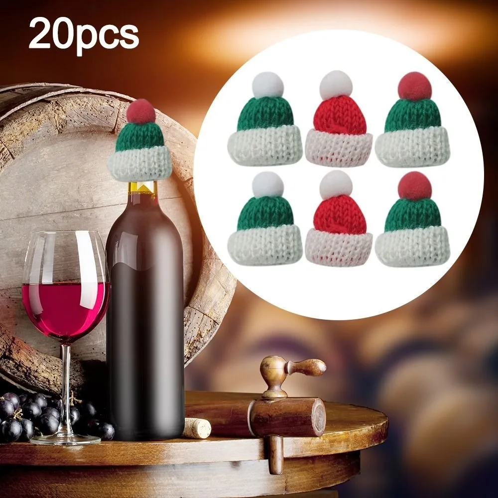 20pcs Mini Knitting Christmas Hats Yarn Handmade Party Cap Christmas Tree Ornaments DIY Sewing Crafts Christmas