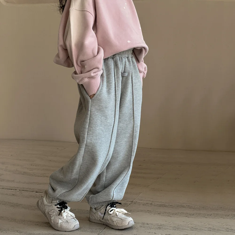 Girls Fleece Pants Solid Color Bunched Ankle Sweatpants Autumn Winter Grey Knitted Cotton Soft and Comfortable Casual Trousers