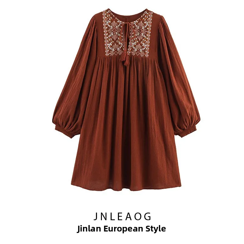 JNLEAOG Autunno ort Ricamato Dr Design unico Faion da donna Vita ampia Poliestere Lungo Sve rotondo Ne Busin Dr