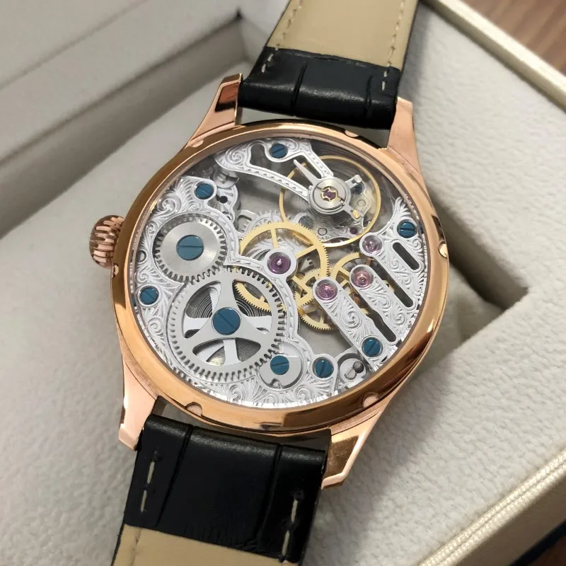 Imagem -04 - Geervo Nenhum Logotipo Azul Dial Asiático Et6497 Esqueleto Movimento Chapeamento 18k Ouro Rosa Case Mecânico Piloto Relógio Masculino Gr0122 41 mm