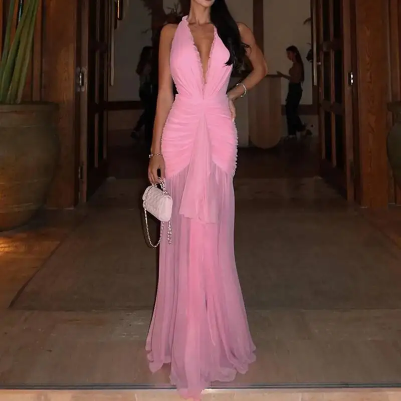

2026 Fashion Sleeveless High Waist Long Dresses Summer Pink Mesh Slim Fit Guest Dress Sexy Women's Halter Pleated Holiday Dress