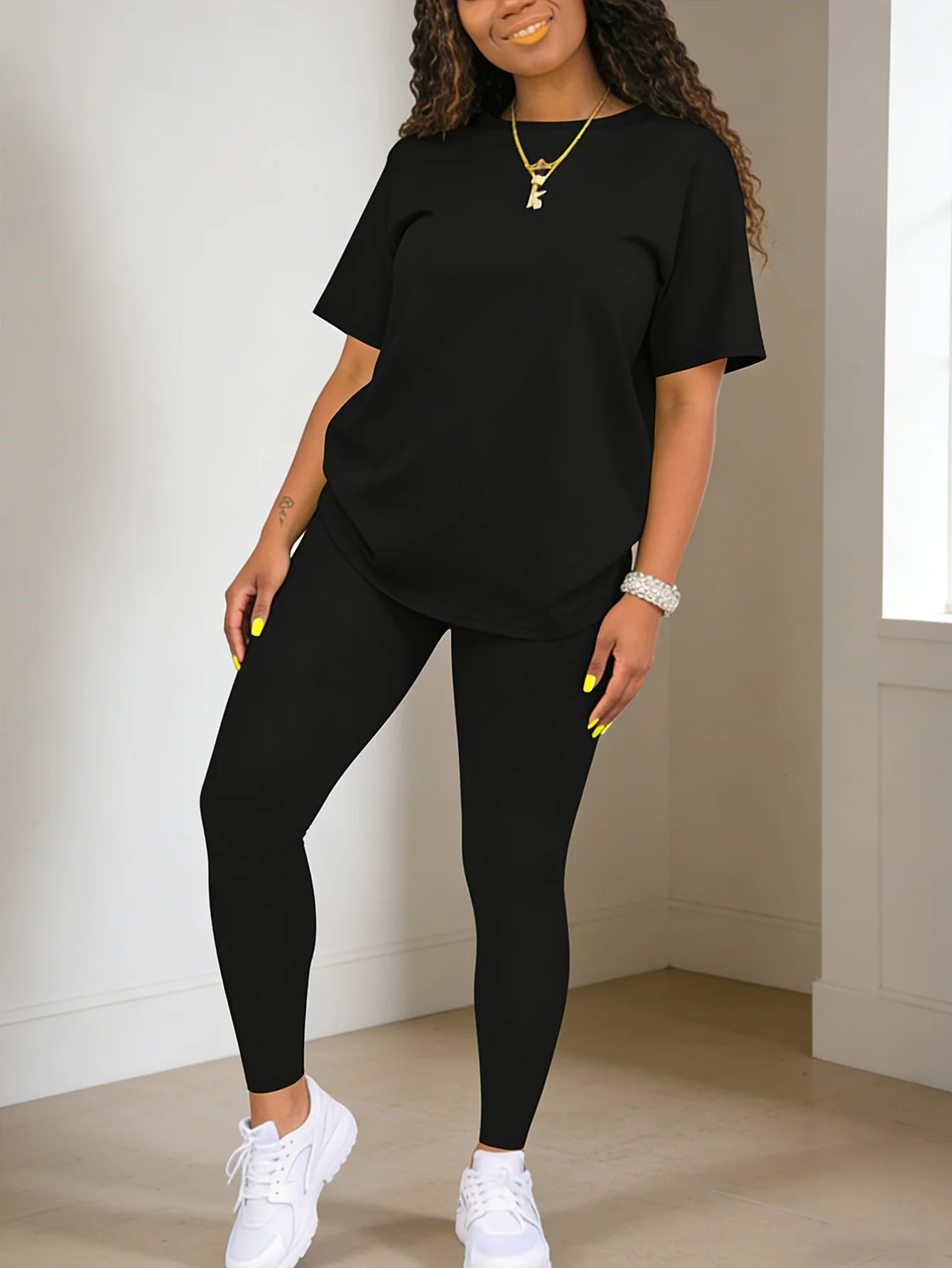 Modisches Rundhals-Kurzarm-Oberteil mit Eng Anliegender Langer Hose - Zweiteiliges Einfarbiges Damen-Set – Detail 4