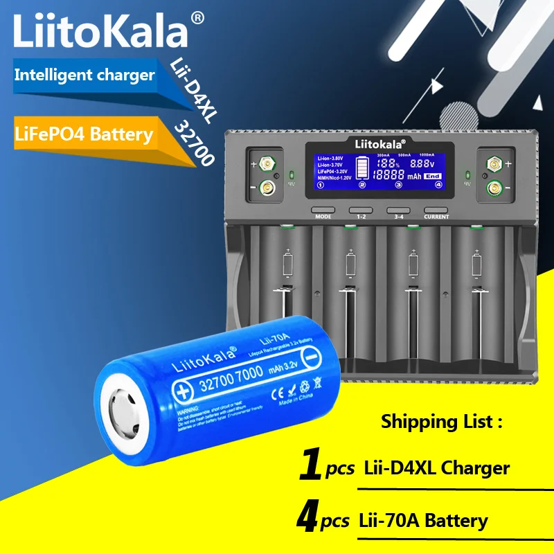 LiitoKala Lii-D4XL 32700/21700/18650/26650 Smart Battery Charger+ 4PCS Lii-70A 32700 7000mAh LiFePO4 Batteryy