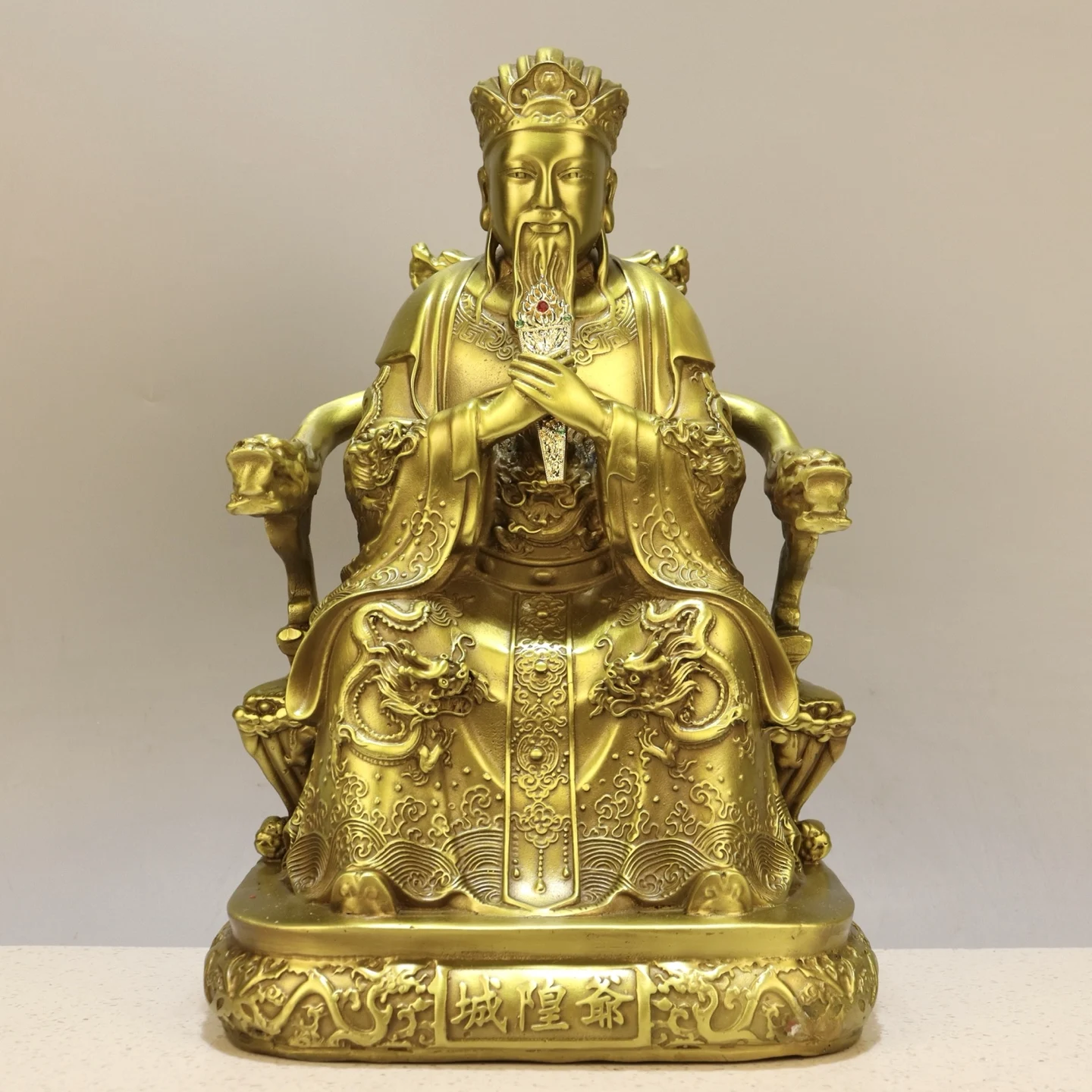 Brass high-end Precision Copperware town gods The immortal guarding the city Dragon Throne Sitting statue Amass wealth Ornaments