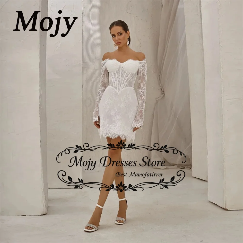 

Свадебное платье Mojay 2026 мини-длины фасона «русалка» с открытыми плечами, кружевом, аппликациями и длинными рукавами, индивидуальный пошив