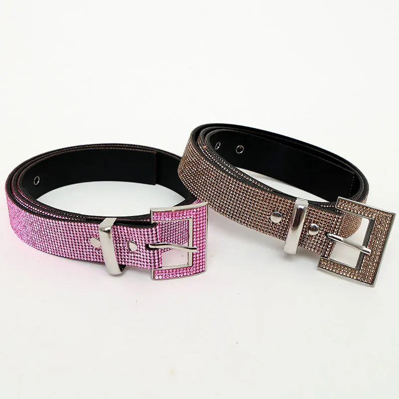 Shiny Women Rhinestone Belt Fashion Pink Denim Belts Ladies Designer Luxury Waistband  Party Clothing Accessories Belts