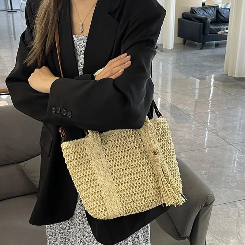 

Летняя большая вместительная соломенная сумка-тоут, женские сумки на плечо, сумка через плечо