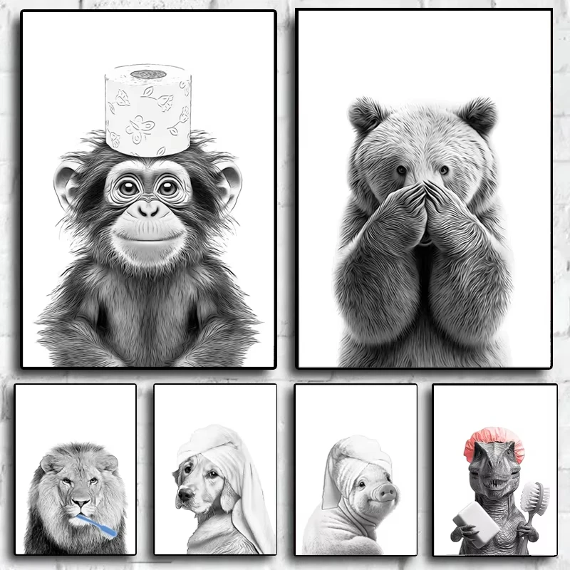 Póster de animales de baño juguetón Retro en blanco y negro, gato, perro, elefante, mono, muebles impresos en lienzo, inodoro, decoración de baño