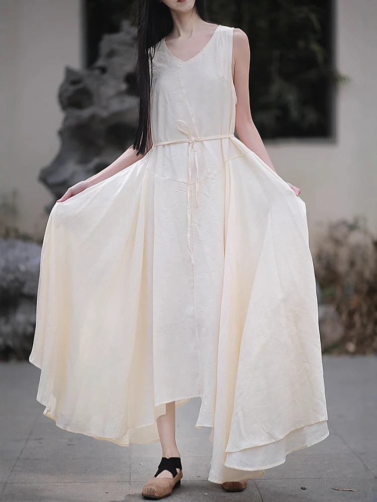 Women Casual A-line Dress New Arrival 2025 Summer Vintage Style V-neck Plain Color Loose Female Holiday Long Dresses
