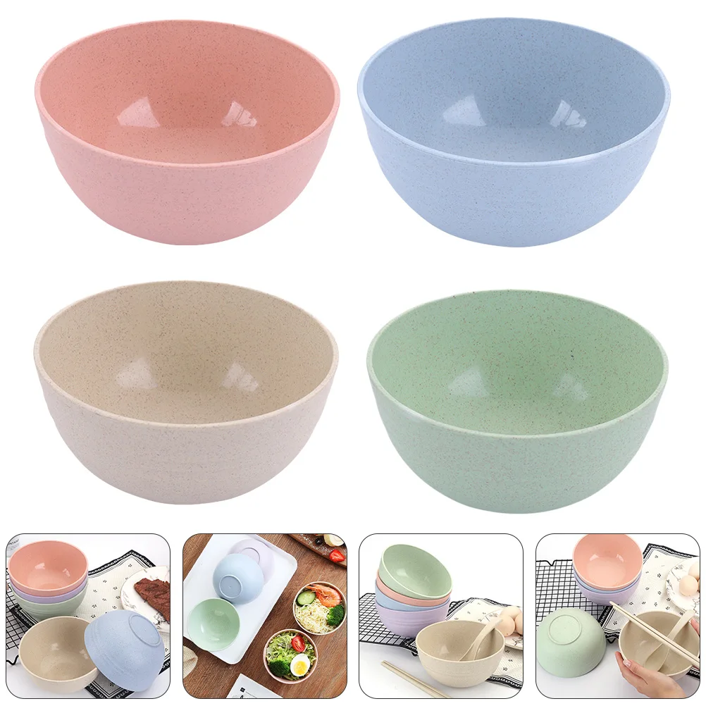 

4 pcs Straw Salad Bowl Set Large Capacity Smooth Non-Slip Plastic Serving Bowls For Mixing Noodles Fruit Food Storage
