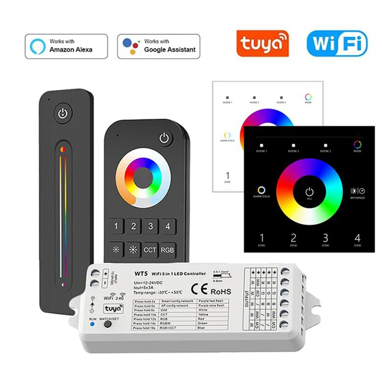 WT5 Tuya Wifi LED Controller 5 in1 Dimmer Dual White RGB RGBW RGBCCT LED Strip Light controller DC12V 24V