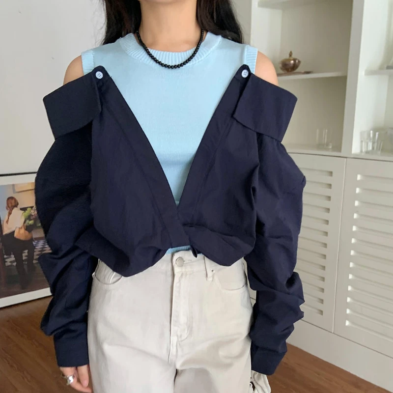 Long Sleeve Shirts Women Vintage Contrast Color Off Shoulder Knitted Tops Spliced Buttons All-match Casual Soft O-neck Autumn