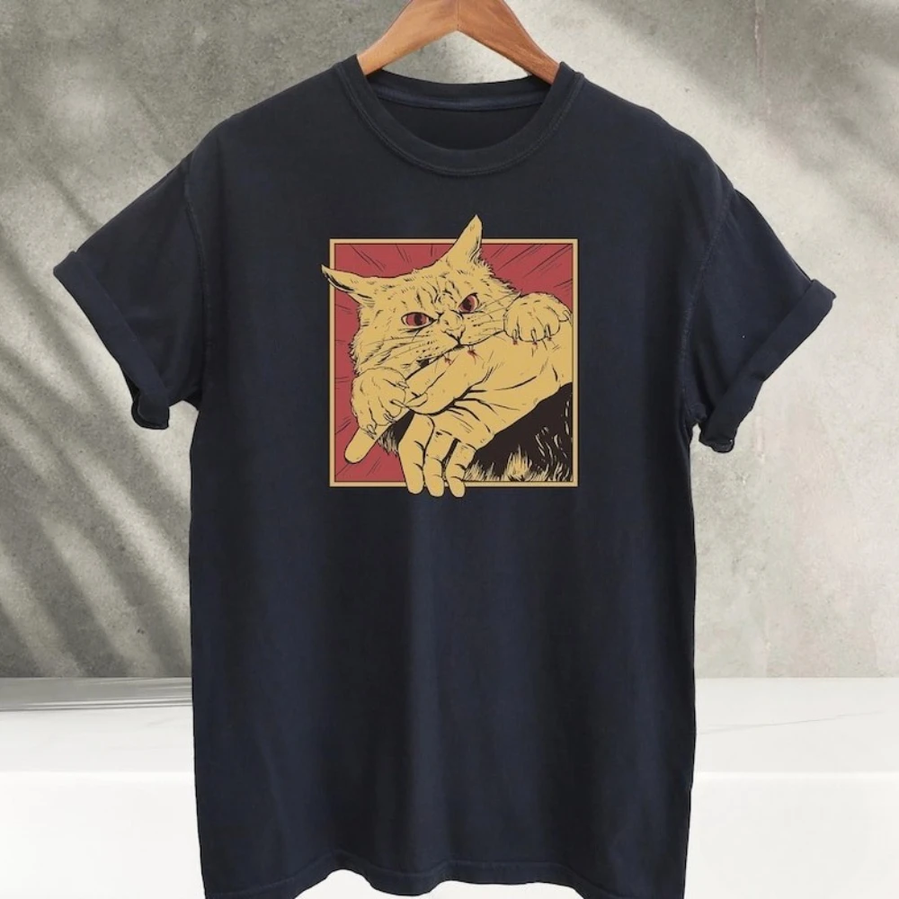 الرعب الياباني أنيمي خمر القط دغة الجرافيك تي شيرت الرجعية كول القطط مجنون امرأة رجل تي شيرت Harajuku الكلاسيكية قصيرة الأكمام #2