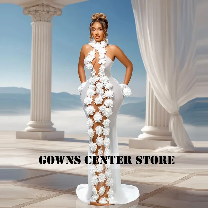 Sexy White Sheer Gown with 3D Flower Applique High Slit One Shoulder Long Dress for Prom Party Evening Event Bridal Customized