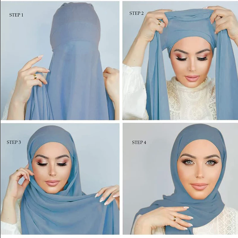 Musulmano istantaneo Hijab donna cofano con scialle in chiffon testa sciarpa berretto fascia interna stretch Hijab copertura copricapo turbante