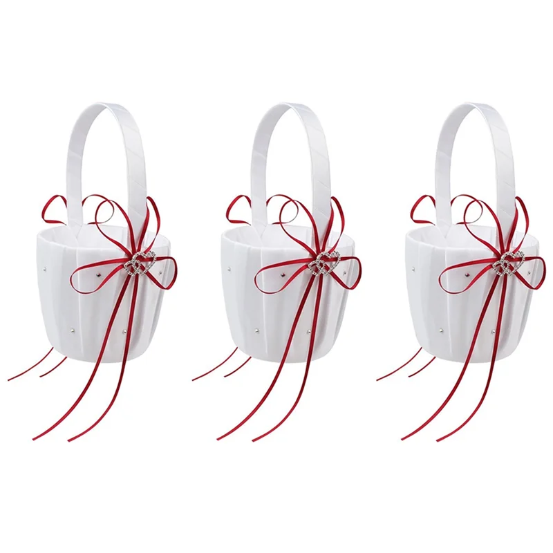 

ABFS 3X Double Heart Wedding Flower Girl Basket White Satin Rhinestone Decor Red Wedding Ceremony Party Favor