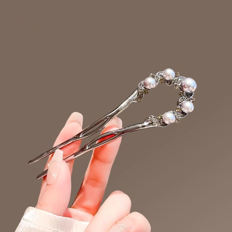 

VANIKA New Fashionable U-Shaped Pearl Hairpin Elegant Openwork Hair Clip for Women Minimalist Ponytail Holder Hair Accessory
