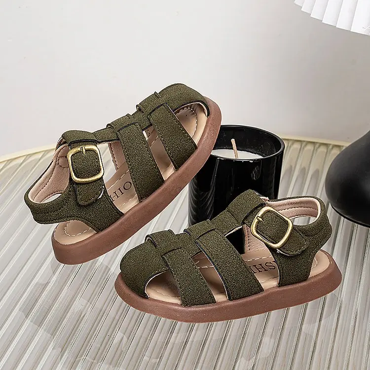 

Сандалии с мягкой подошвой для мальчиков и девочек, корейские плетеные сандалии с вырезами в ретро-стиле, противоскользящие, пляжная обувь