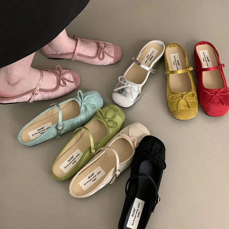 2024 New Footwear Silk Women Ballet Flats Dance Shoes Spring Summer Female Shallow Fashion Butterfly-Knot Ladies Lolita Shoes