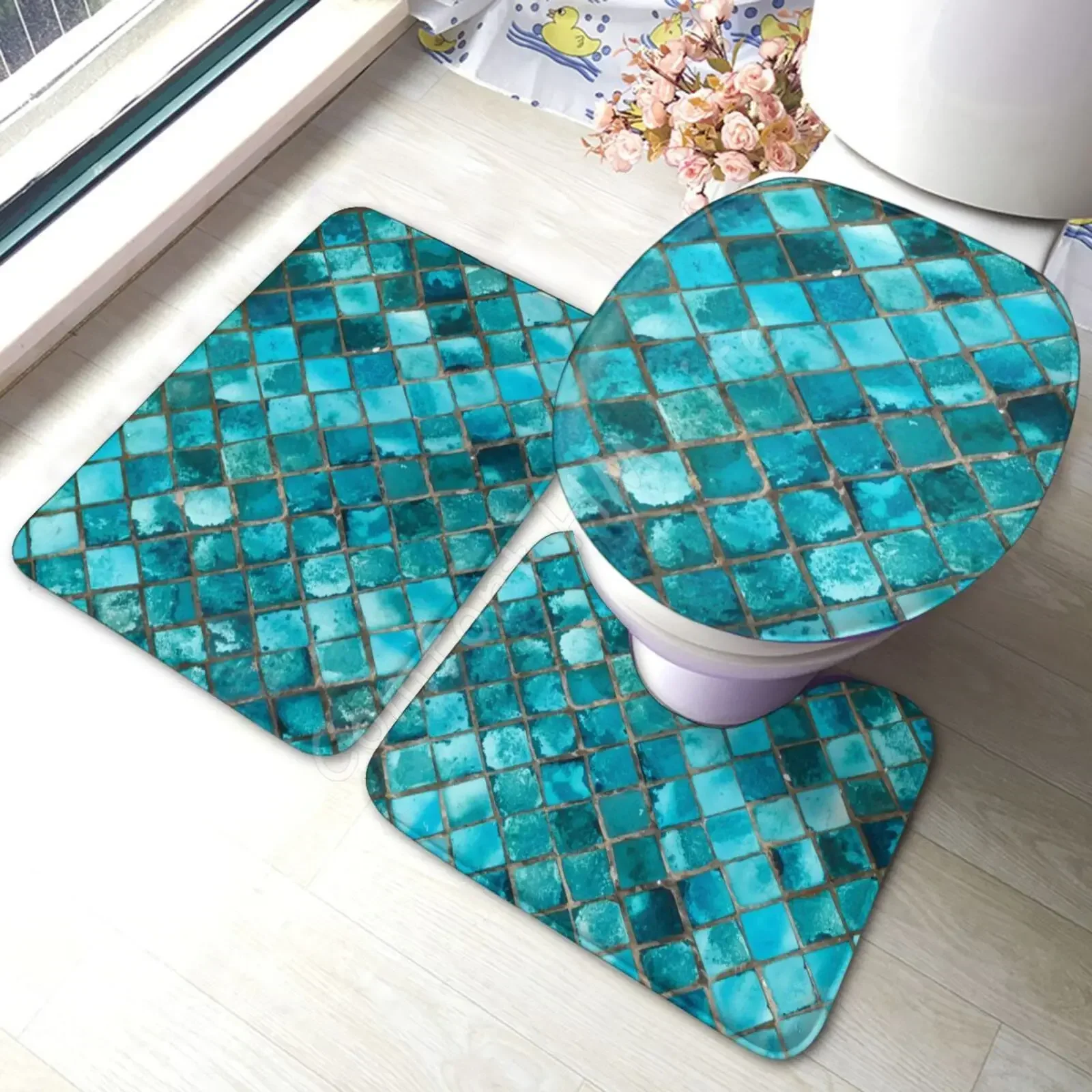 

Turquoise Blue Geometric Pattern Bathroom 3Pcs/set Mat Home Flannel Decorations Accessories Floor Rug Toilet Cover 40*60/50*80CM