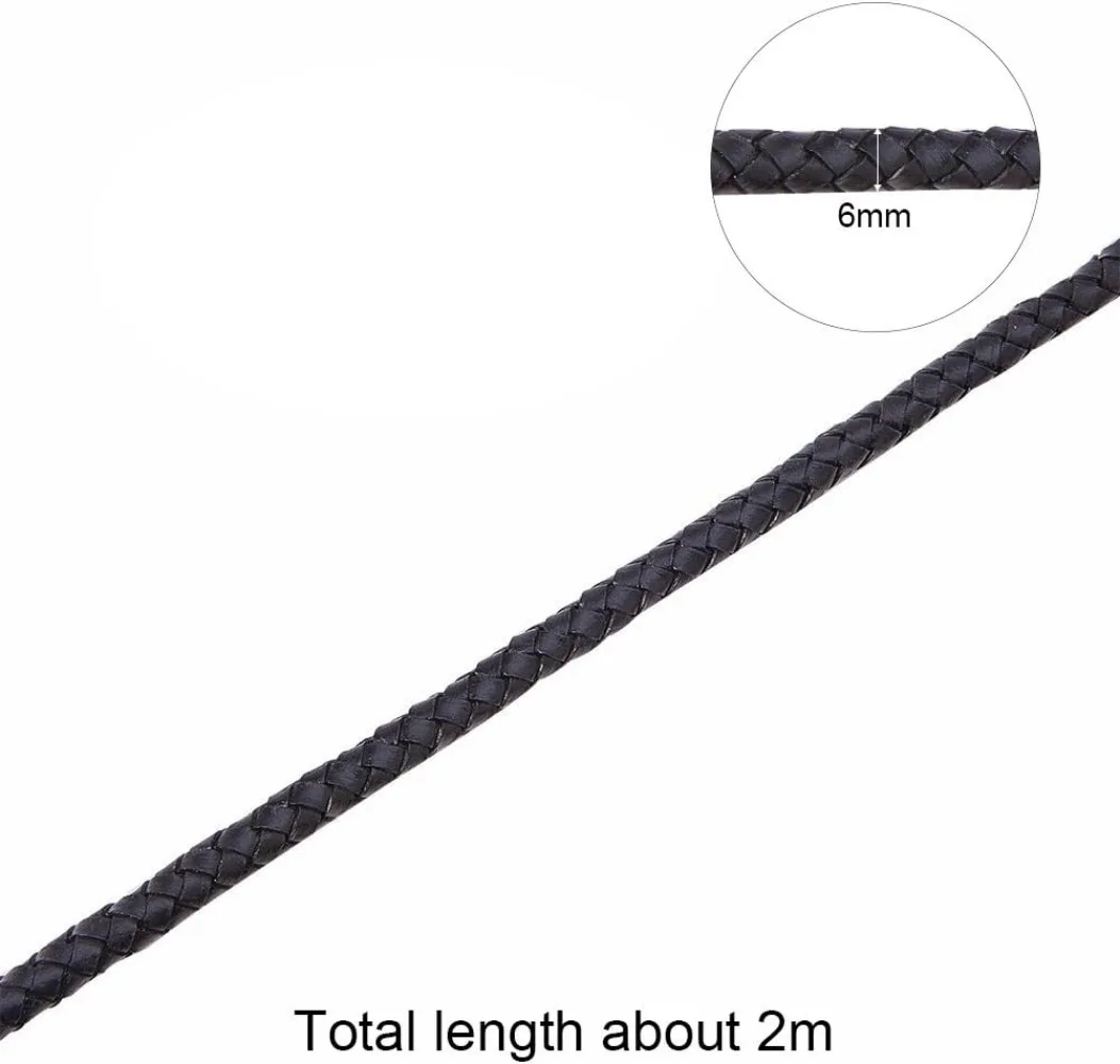 6mm 2m Round Folded Bolo Genuine Braided Leather Cords for Necklace Bracelet Jewelry Black