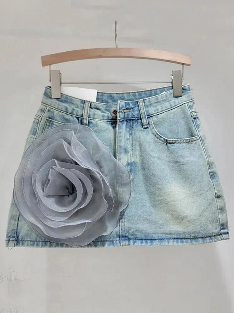 

High Street 3D Flower Floral Denim Skirt High Waist Versatile Short Skirts For Women 2024 New Fashion Spring Summer X846