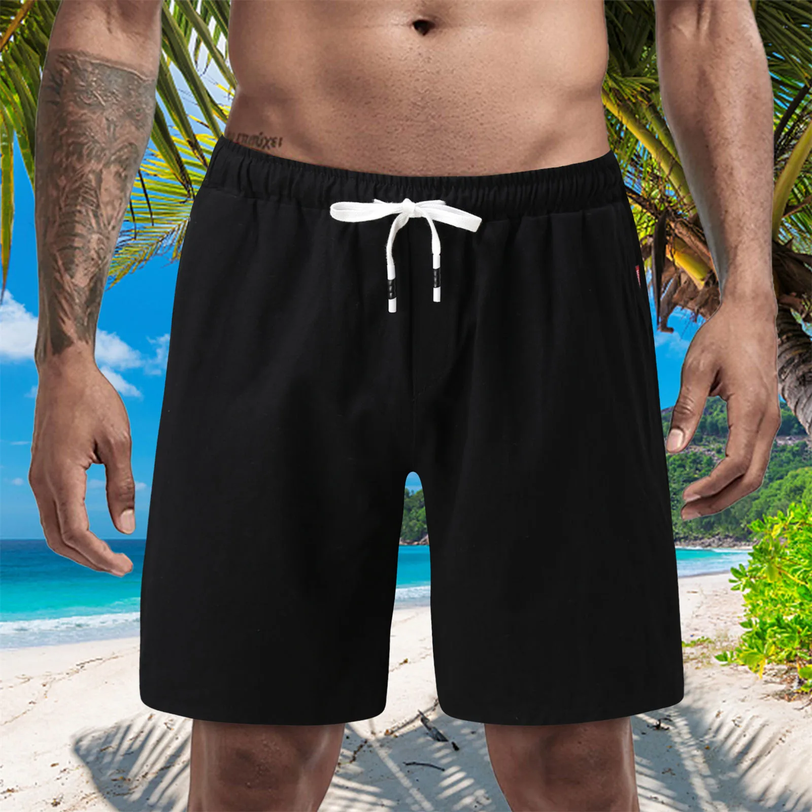 

Men Solid Cotton Linen Beach Shorts Summer Breathable Soft Drawstring Elastic Waist Board Shorts Loose Sport Jogger Casual Trunk