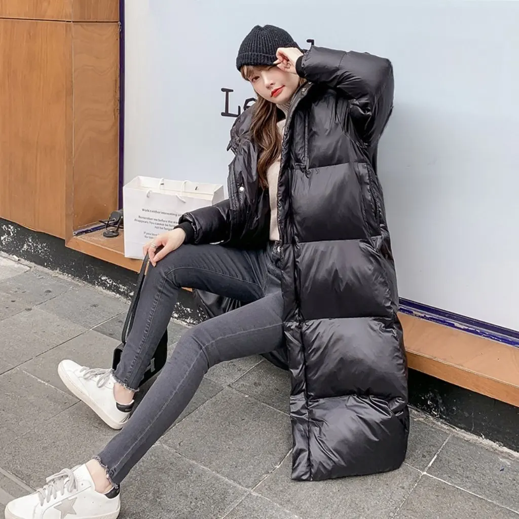 

Women's Glossy down Cotton-Padded Jacket Mid-Length Korean Style Thickened Long Over-the-Knee Loose Black European Station