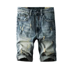 Shorts jeans retrô angustiados para homens, shorts rasgados esticados, shorts pirata de motociclista slim-encaixe, tendência de rua high-end, roupas de verão