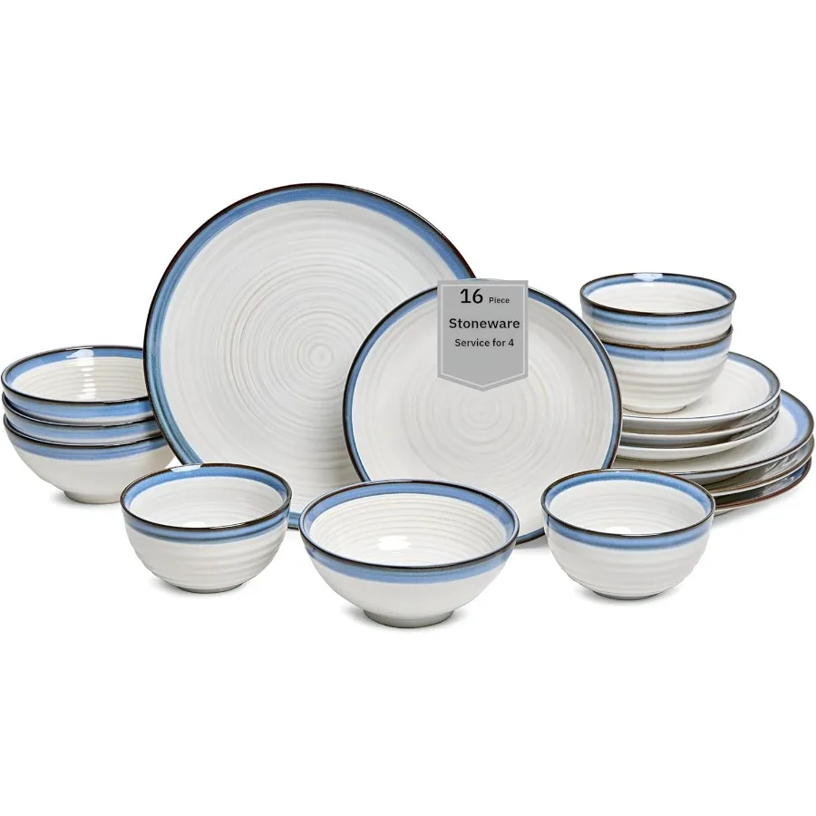 Conjunto de louça de grés Siterra de 16 peças para 4 conjuntos de pratos e tigelas brancas de cerâmica com borda azul resistente a lascas de esmalte reativo