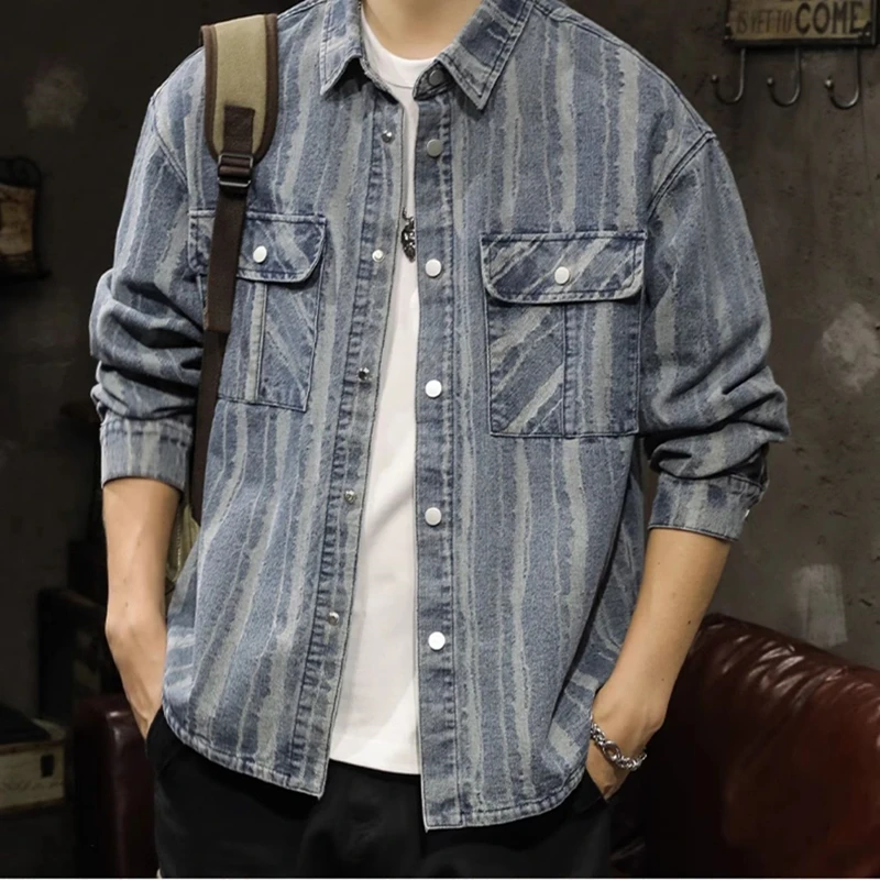 2024 New spring and autumn denim striped cargo shirt men's shirt coat casual fashion top